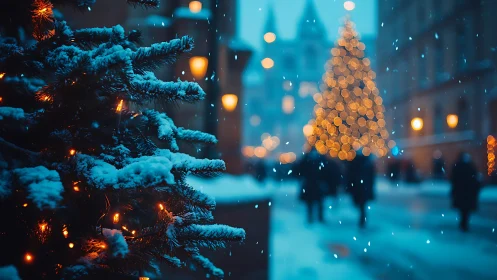 Snowlit evergreen with defocused festive city bokeh.