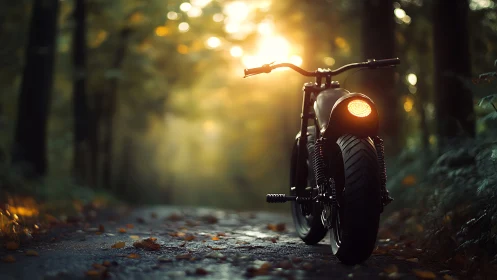Motorcycle on forest road at sunset with illuminated brake light.