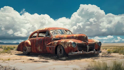 Rusting vintage sedan resting under vast desert sky.