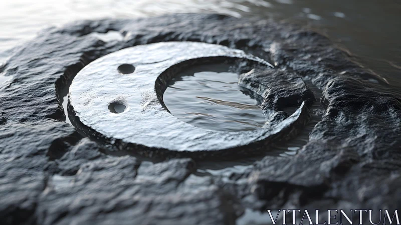 Yin Yang symbol carved in wet stone, realistic natural style.