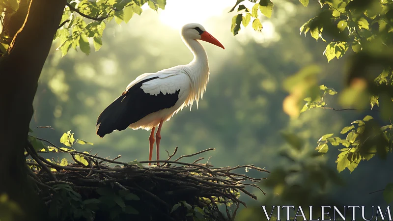White Stork Standing in Nest, Sunlit Forest Photography.