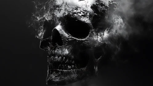 Burnished skeletal visage emerging through corrosive smoke.