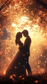 Two figures silhouetted against luminous foliage with falling leaves