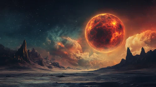 Fiery alien planet looms above rugged frozen wasteland.
