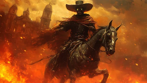Apocalyptic skeletal rider in flaming baroque cityscape digital painting.