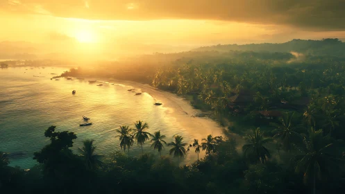 Tropical Coastline at Golden Hour. Aerial drone perspective.