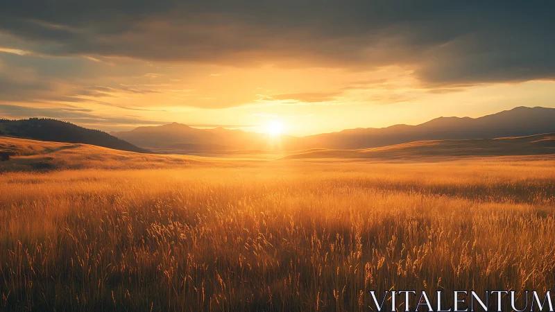 Golden grassland sunset over distant rolling mountains.