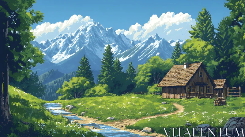 Mountain cabin stands beside stream in bright pixel landscape