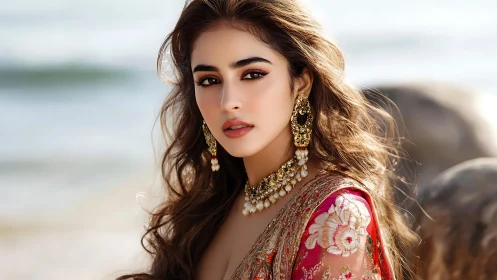 Woman in ornate traditional attire near shoreline background.