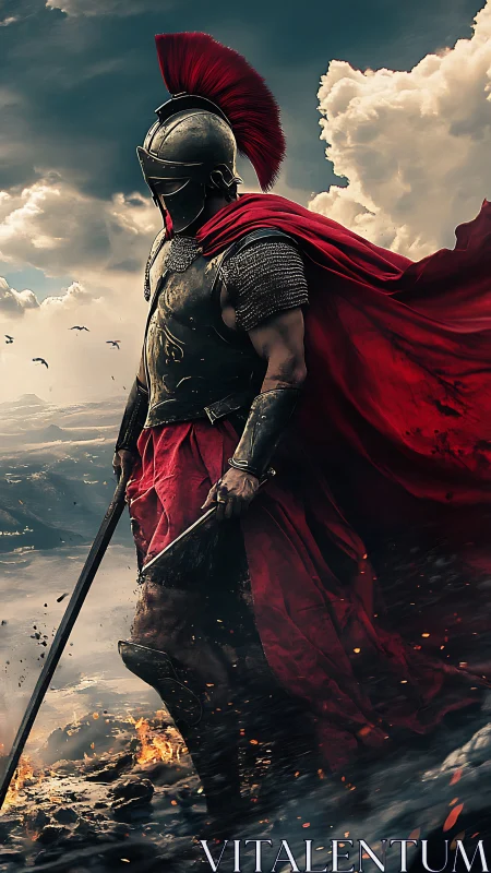 Armored Spartan warrior stands defiant on a burning ridge