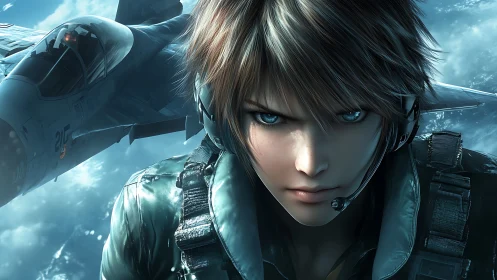 Focused anime fighter pilot with jet in cold sky.