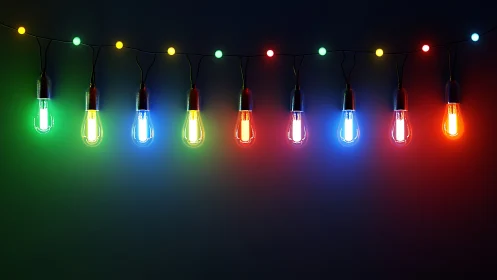 String of glowing multicolor bulbs on deep dark backdrop.
