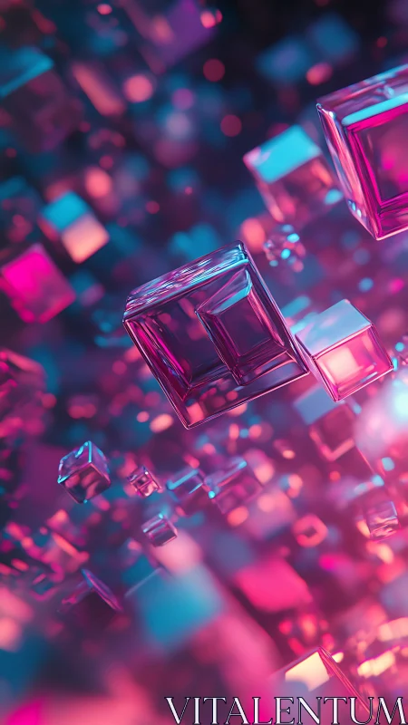 Volumetric neon glass cubes in dynamic depth-of-field array.