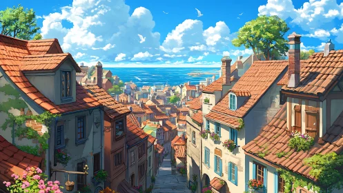 Sunlit seaside hill town where cozy rooftops meet daydreams.