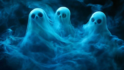 Three translucent ghost figures emerging from blue mist.