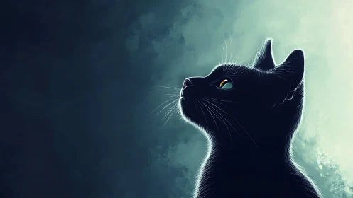 Black Cat Silhouette Gazing Upward in Ethereal Light