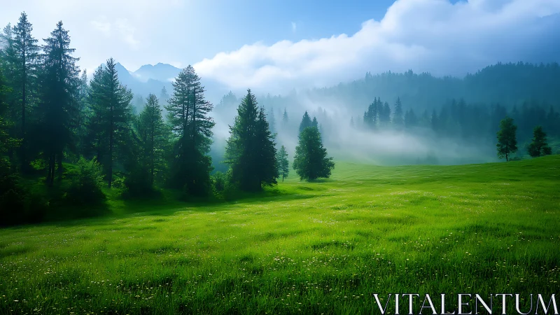 Alpine meadow valley with coniferous forest and atmospheric mist