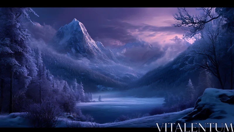 Snow-covered mountain and frozen lake under twilight sky