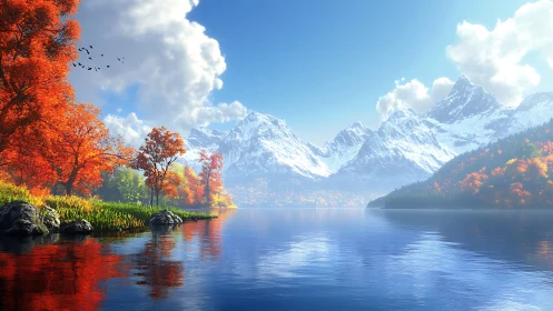 Snowy mountains rise over serene autumn lake panorama.