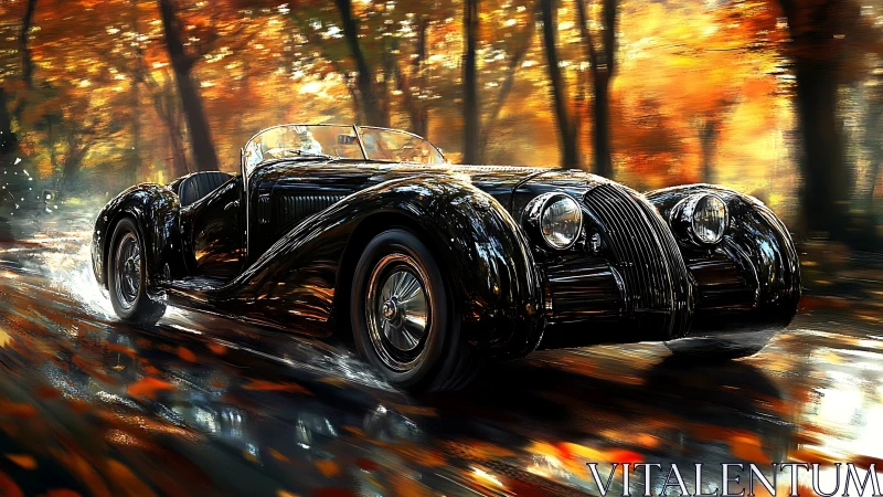 Black vintage roadster drives through wet autumn forest road
