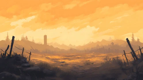 Bleak orange wasteland stretches beneath distant ruined tower