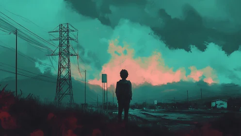 Solitary figure under teal storm sky near power lines.