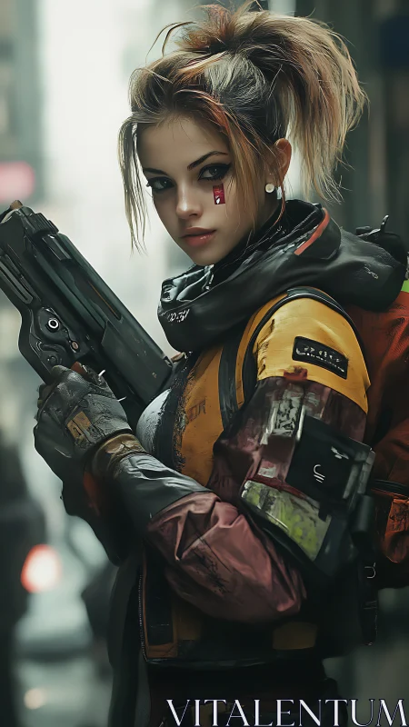 Cyberpunk huntress stands armed in a rain-soaked neon alley