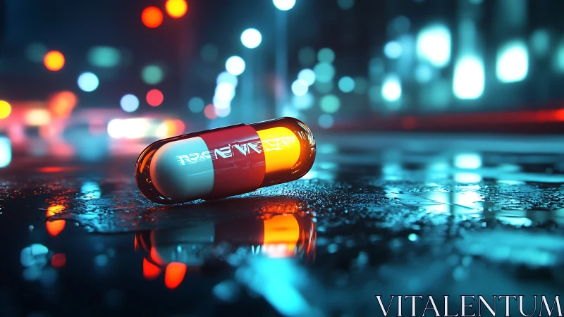 Glowing capsule on wet neon city street at night scene.
