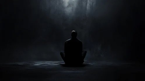 Backlit solitary figure seated in cavernous dark interior