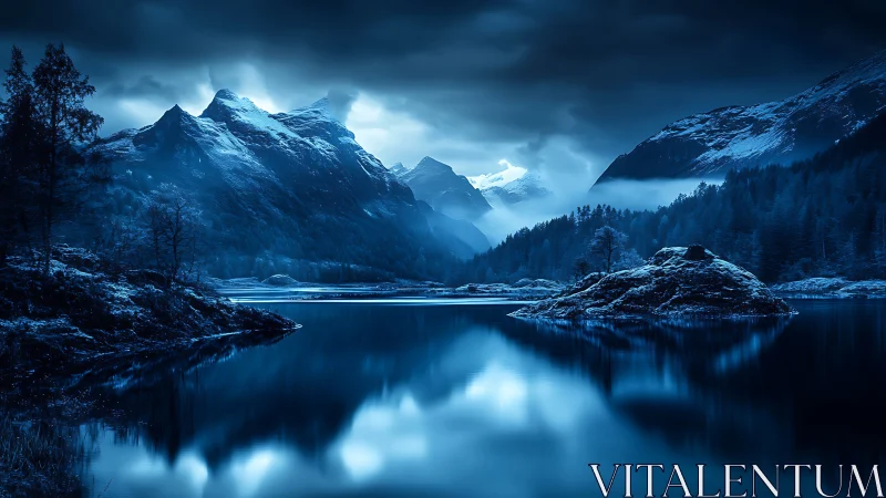 Nocturnal glacial valley with monochrome cyan atmospheric bloom.