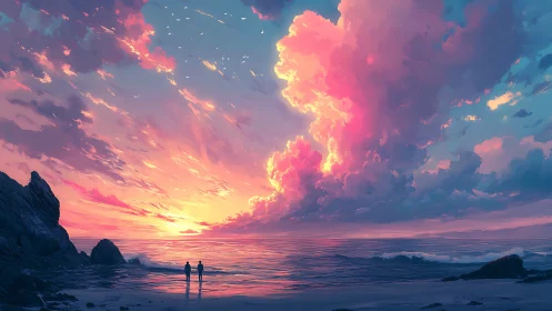 Radiant twilight clouds over tranquil shoreline figures.