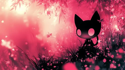 Silhouetted feline avatar in bioluminescent pink meadow dusk.