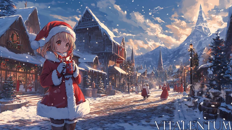 Snow-dusted village glows as cocoa-loving Santa girl wanders