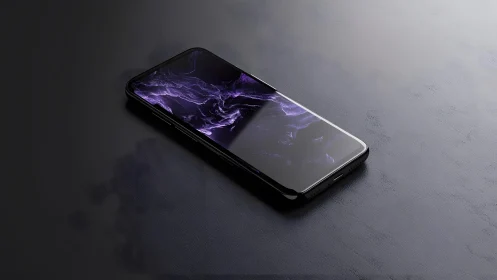 Modern smartphone on dark textured surface with purple abstract screen.