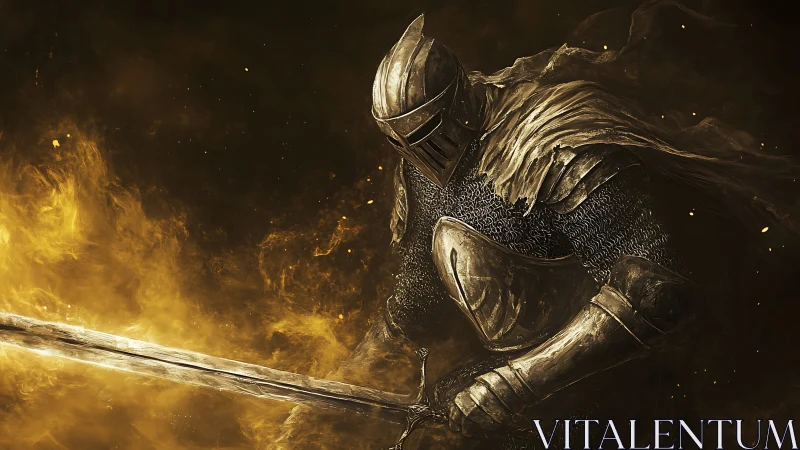 Armored knight emerging through molten golden embers.