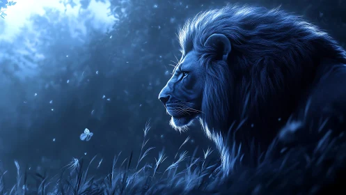 Lion in blue moonlit grassland observing small butterfly.