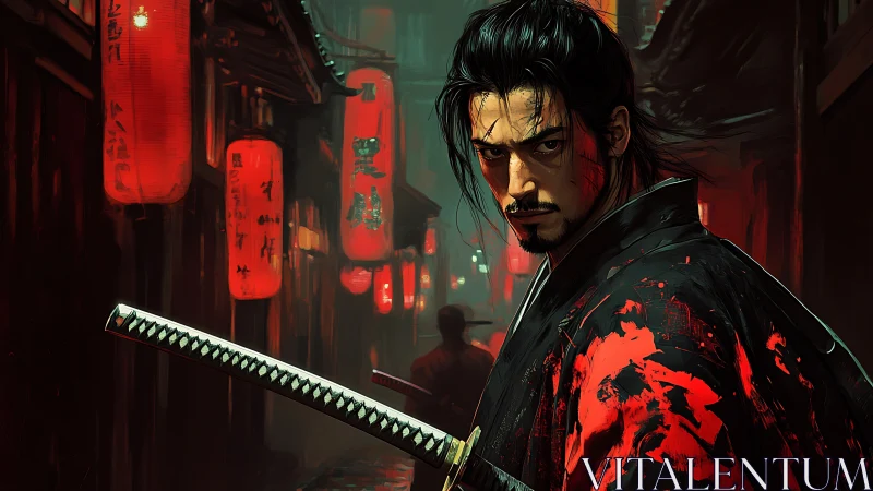 Bloodstained ronin amid neon lantern alleyway at night.