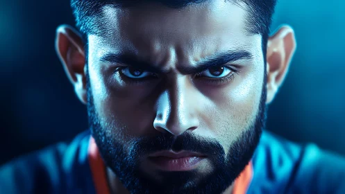 Close cropped male portrait shows intense forward gaze