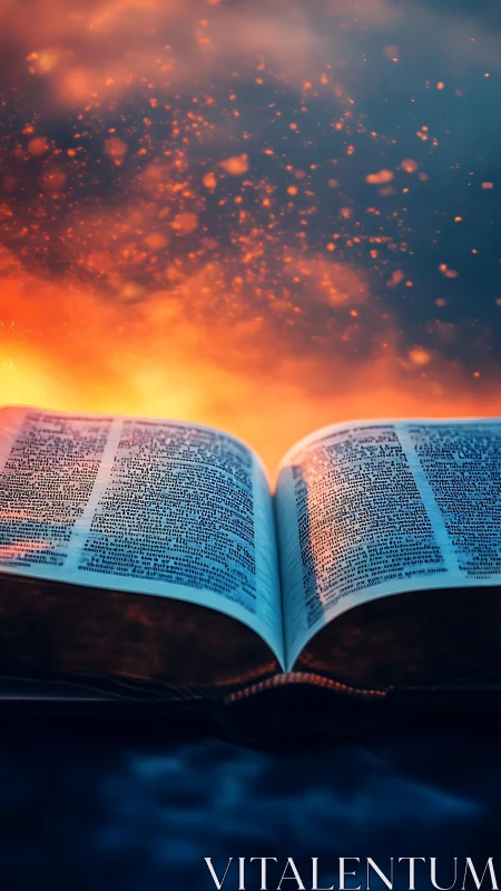 Open illuminated bible glows beneath swirling fiery embers