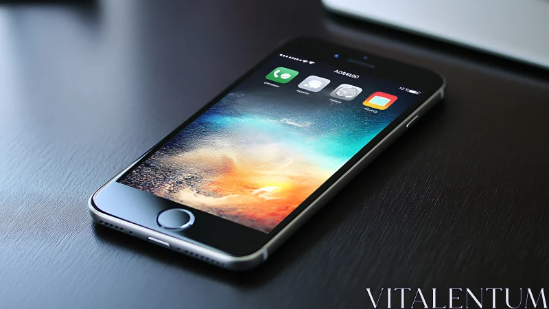 iPhone displaying iOS interface with atmospheric sunset landscape rendering