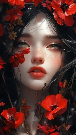 Crimson floral portrait of ethereal freckled woman in bloom.