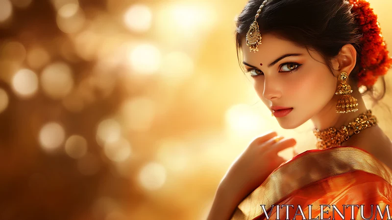 Specular-lit digital portrait of woman in saffron silk saree.