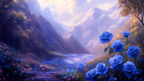 Azure roses guarding a dreamlit river between violet peaks.