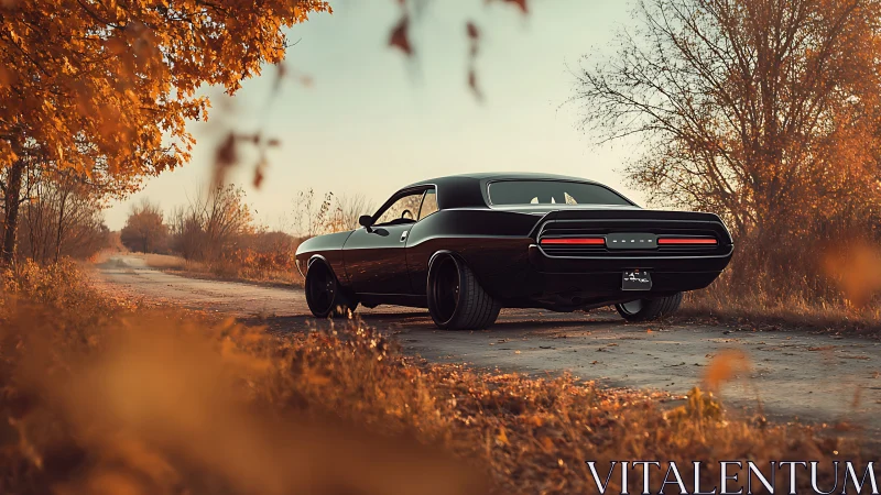 Muscle car prowls an amber autumn backroad in soft dusk light.