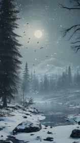 Moonlit winter river where quiet snow meets soft sky.