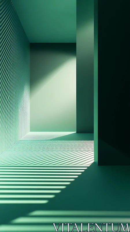 Geometric green corridor with striped light and shadow play.