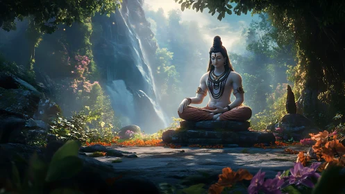 Serene Shiva meditation amid lush jungle waterfall light.