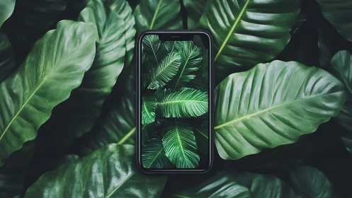 Calm smartphone nestling among lush tropical green leaves.