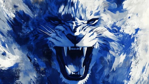 Feline predator portrait rendered in blue and white tones.