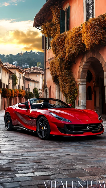 Red convertible supercar parked on cobbled Italian street